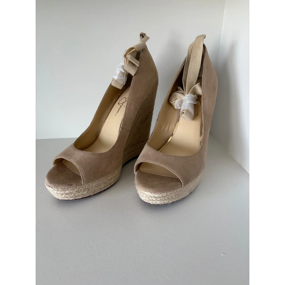 Jessica Simpson Zavida Tan Faux Suede Espadrille Wedge Ankle Tie Sandals 11M